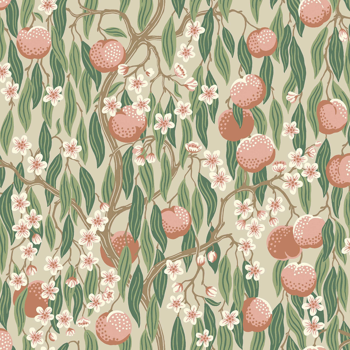 On the Peach Tree wallpaper, fully ripe fruits grow side by side with beautifully fragrant peach blossoms. 
