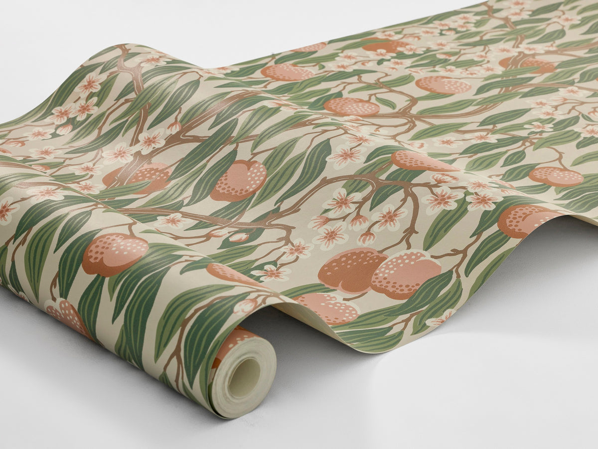 On the Peach Tree wallpaper, fully ripe fruits grow side by side with beautifully fragrant peach blossoms. 