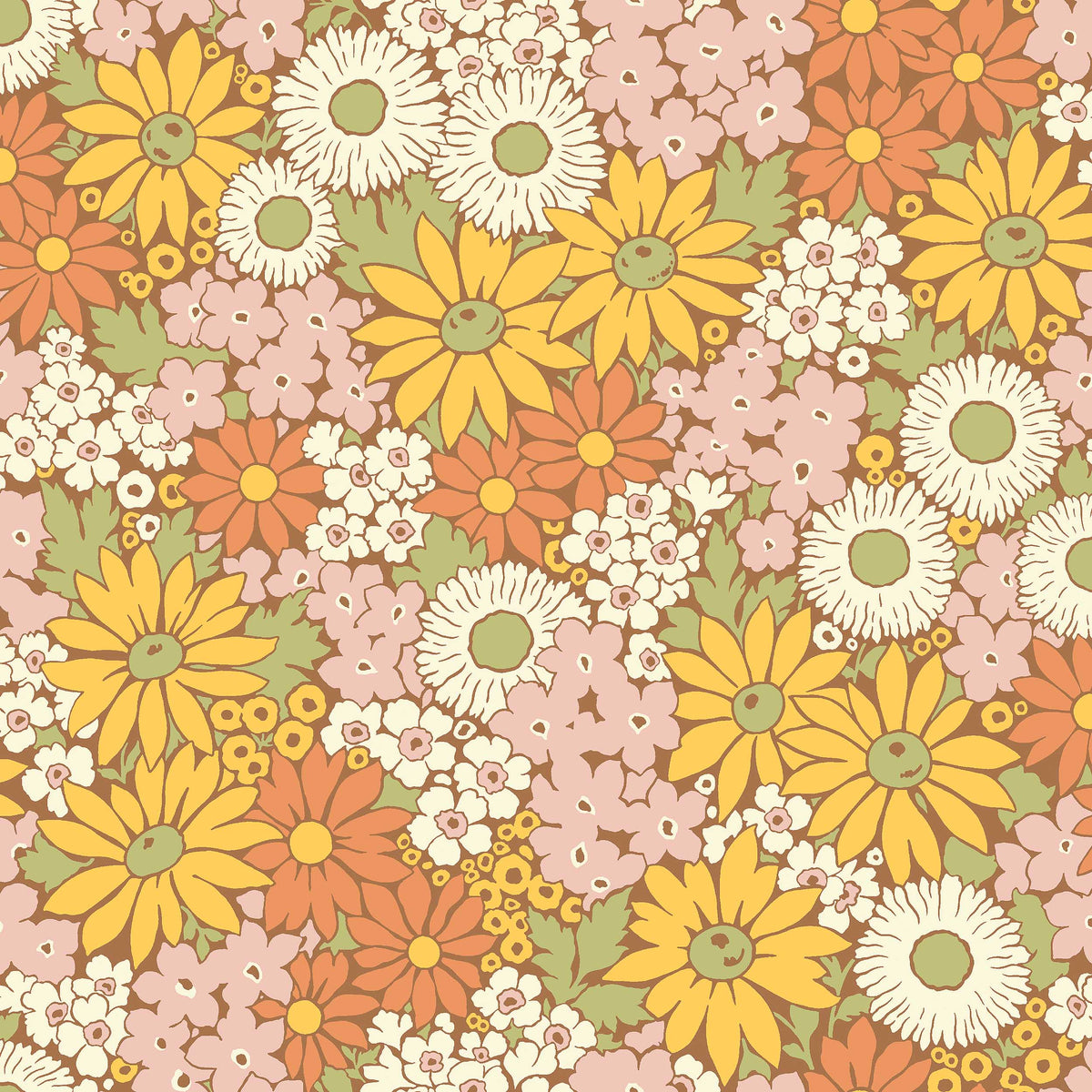The Floral 1970s wallpaper Flower Power, with its riotous sea of blooms, is taken from our historical archive. A hand-painted pattern featuring, among others, marigold, coneflower, and black-eyed Susan in warm shades of sunny yellow, Orange, Pink, white, and green against a spicy cinnamon-brown background.