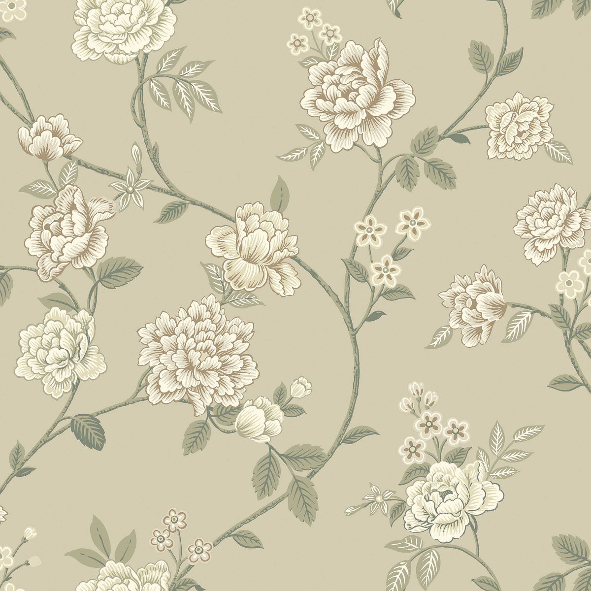 Peony Garden is a large-floral wallpaper with a romantic, flowing pattern of flowers and leaves in various shapes. The pattern is newly drawn, but inspired by classic floral designs for wallpaper and textiles. 