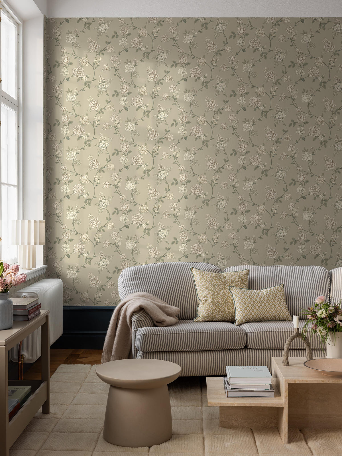 Peony Garden is a large-floral wallpaper with a romantic, flowing pattern of flowers and leaves in various shapes. The pattern is newly drawn, but inspired by classic floral designs for wallpaper and textiles. 