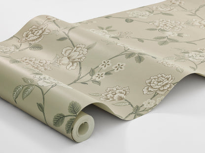 Peony Garden is a large-floral wallpaper with a romantic, flowing pattern of flowers and leaves in various shapes. The pattern is newly drawn, but inspired by classic floral designs for wallpaper and textiles. 