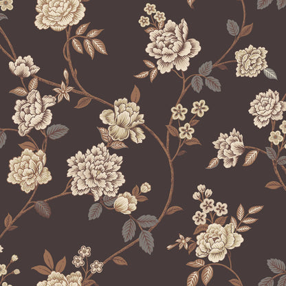 The dark, large-floral wallpaper Peony Garden creates a romantic yet slightly dramatic impression, with its delicate floral vines surface-printed in beige, grey and brown on a warm brown-black background.