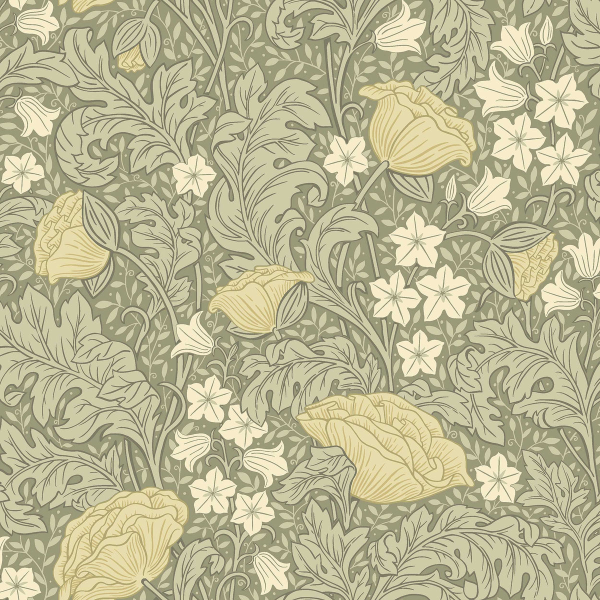 On the green, large-floral wallpaper Blomdansen, the blooms of the peony poppy are joined by beautiful, acanthus-like leaves and delicate bell-shaped flowers on slender stems.