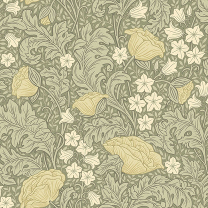 On the green, large-floral wallpaper Blomdansen, the blooms of the peony poppy are joined by beautiful, acanthus-like leaves and delicate bell-shaped flowers on slender stems.