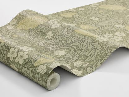 On the green, large-floral wallpaper Blomdansen, the blooms of the peony poppy are joined by beautiful, acanthus-like leaves and delicate bell-shaped flowers on slender stems.