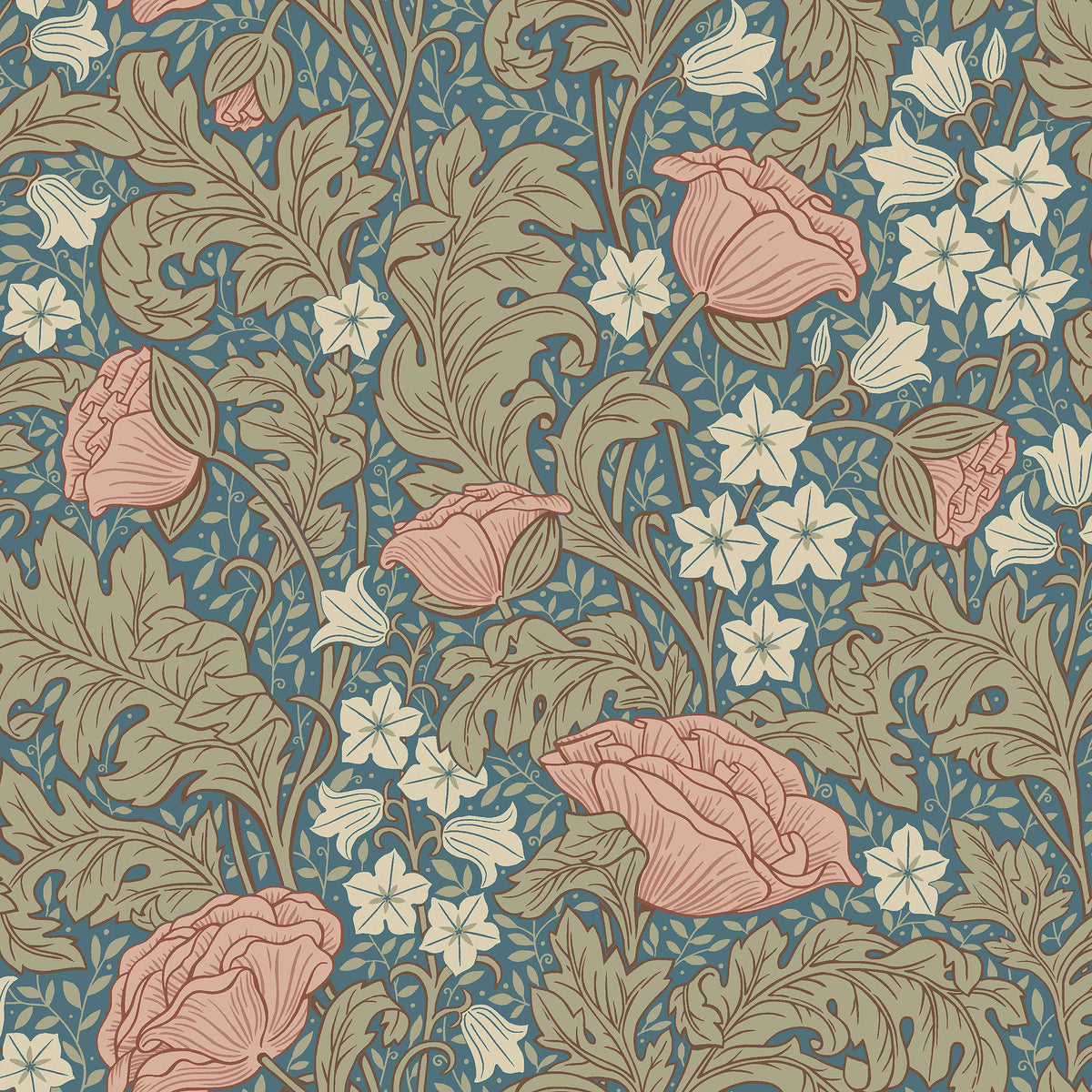 The Blue, Floral wallpaper Blomdansen is magnificent in both form and color. Apricot pink poppies bloom side by side with light beige bell flowers.