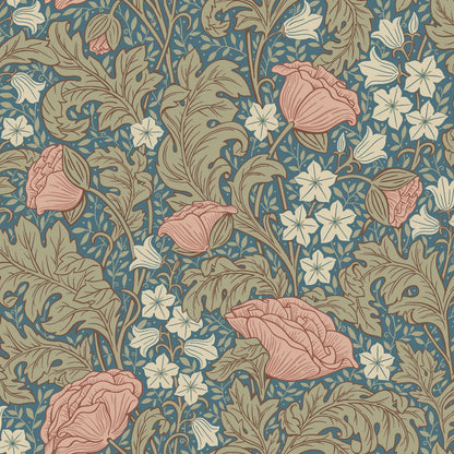 The Blue, Floral wallpaper Blomdansen is magnificent in both form and color. Apricot pink poppies bloom side by side with light beige bell flowers.