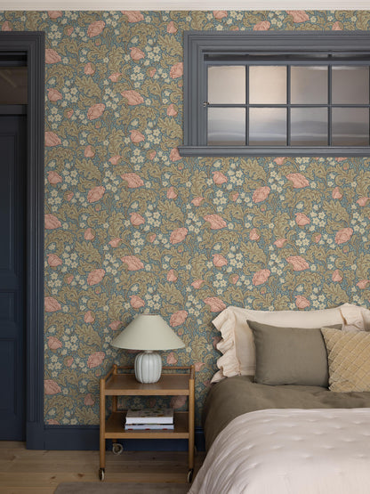 The Blue, Floral wallpaper Blomdansen is magnificent in both form and color. Apricot pink poppies bloom side by side with light beige bell flowers.
