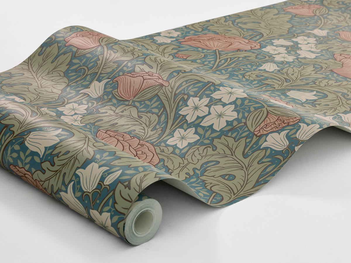 The Blue, Floral wallpaper Blomdansen is magnificent in both form and color. Apricot pink poppies bloom side by side with light beige bell flowers.