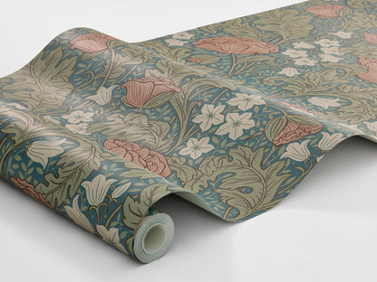 The Blue, Floral wallpaper Blomdansen is magnificent in both form and color. Apricot pink poppies bloom side by side with light beige bell flowers.