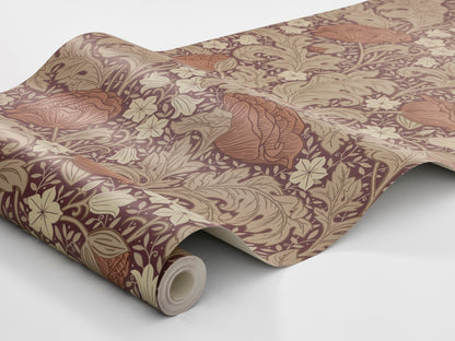 Blomdansen is a large-floral wallpaper with a dense, winding pattern of pale bluebells and lush peony poppies.