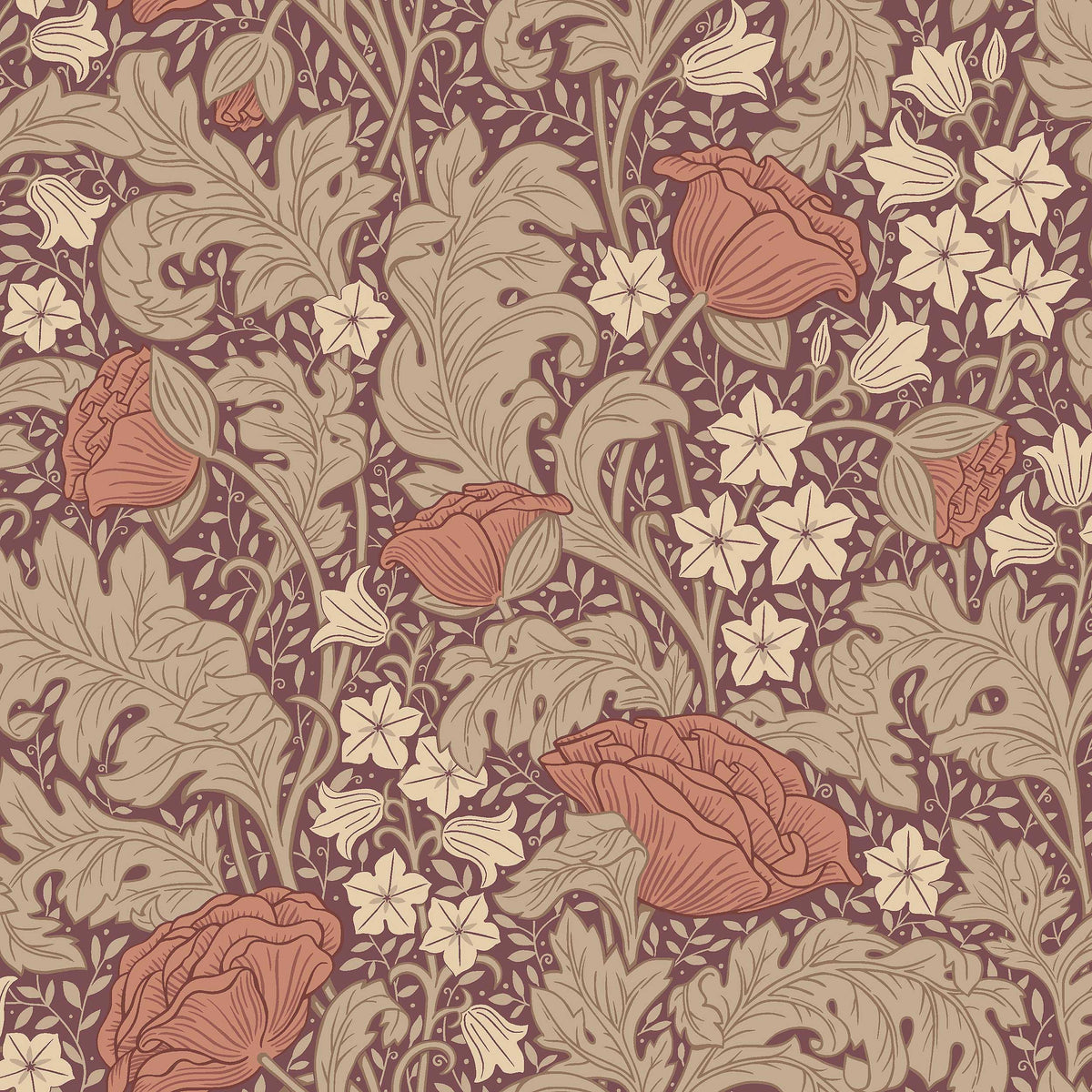 Blomdansen is a large-floral wallpaper with a dense, winding pattern of pale bluebells and lush peony poppies.
