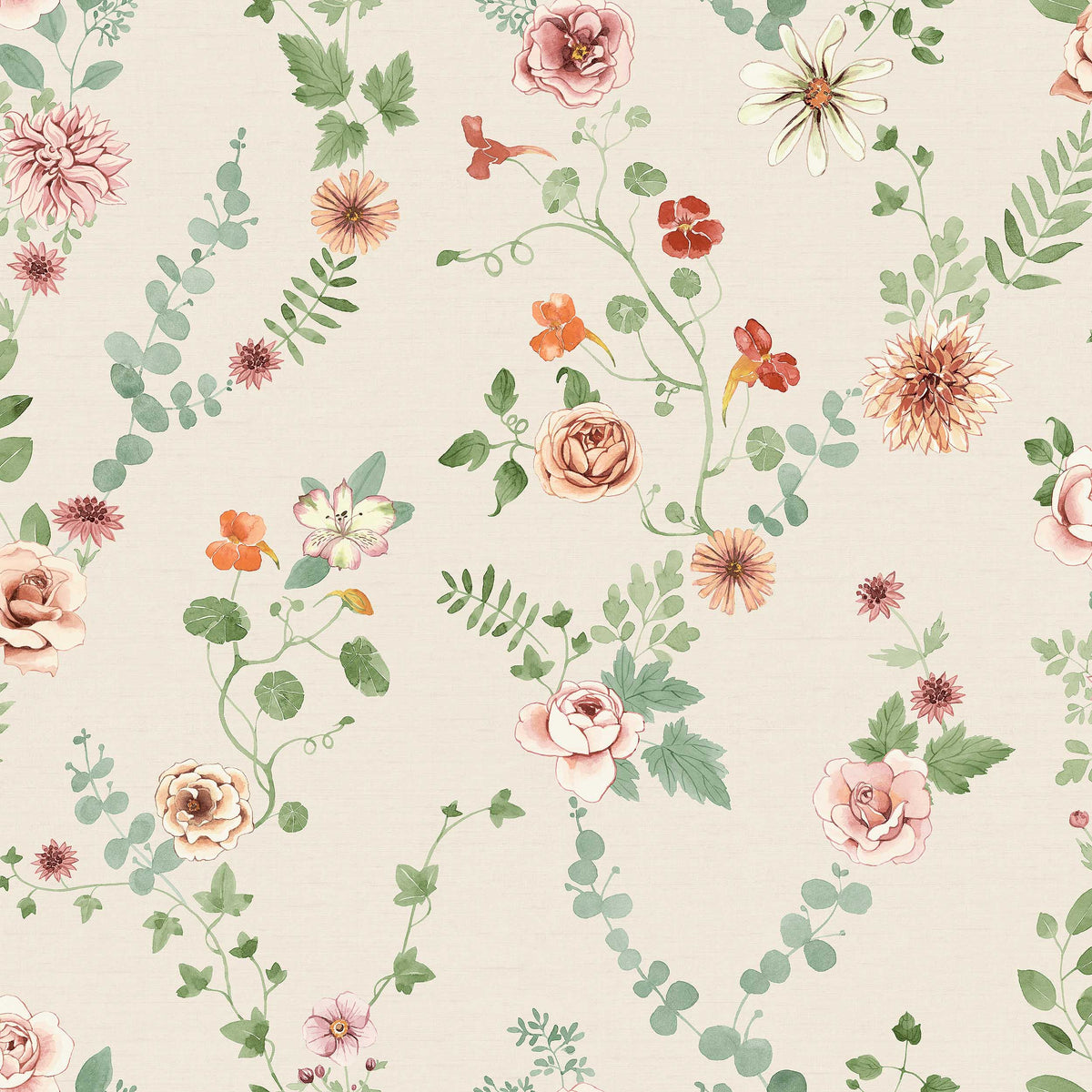 The light, Floral Bouquet Flowers wallpaper creates a soft, inviting atmosphere with its romantic pattern. Among eucalyptus and trailing ivy, flowers such as astrantia, dahlia, nasturtium, alstroemeria, and chrysanthemum bloom.