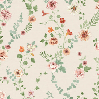 The light, Floral Bouquet Flowers wallpaper creates a soft, inviting atmosphere with its romantic pattern. Among eucalyptus and trailing ivy, flowers such as astrantia, dahlia, nasturtium, alstroemeria, and chrysanthemum bloom.
