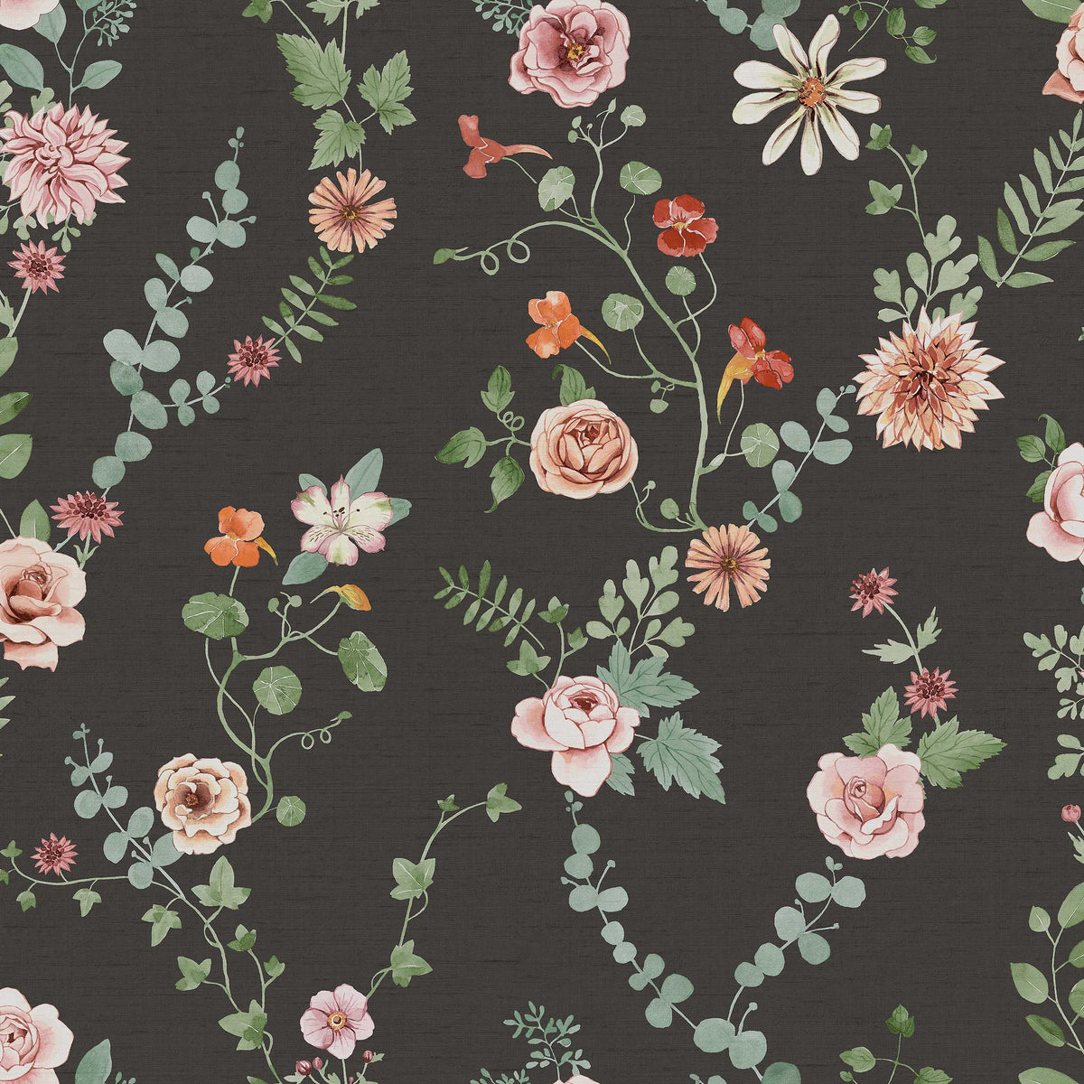 Against the black Floral wallpaper, Bouquet Flowers unfurls a romantic pattern of mixed blooms: among leafy trails of ivy and eucalyptus, you’ll see nasturtiums, astrantia, roses, dahlias and other flowers in muted tones of Pink, apricot, Orange, red and yellow.