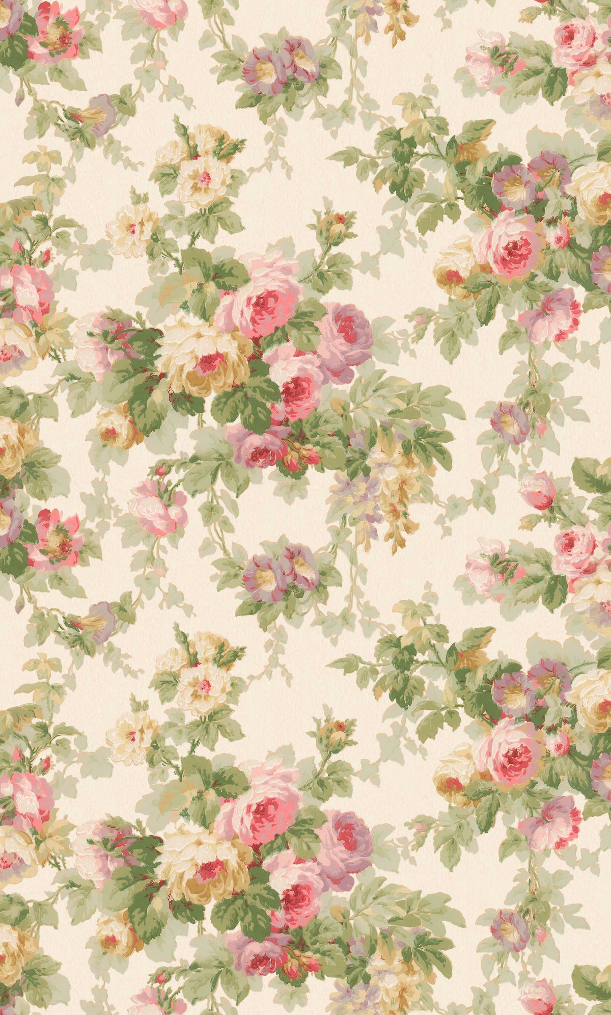Lavish bouquets of densely petalled roses and winding bindweed adorn the Floral vintage wallpaper Sweet Dream Rose. 