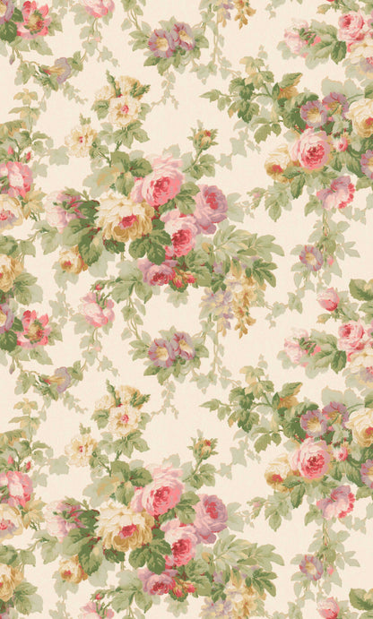 Lavish bouquets of densely petalled roses and winding bindweed adorn the Floral vintage wallpaper Sweet Dream Rose. 