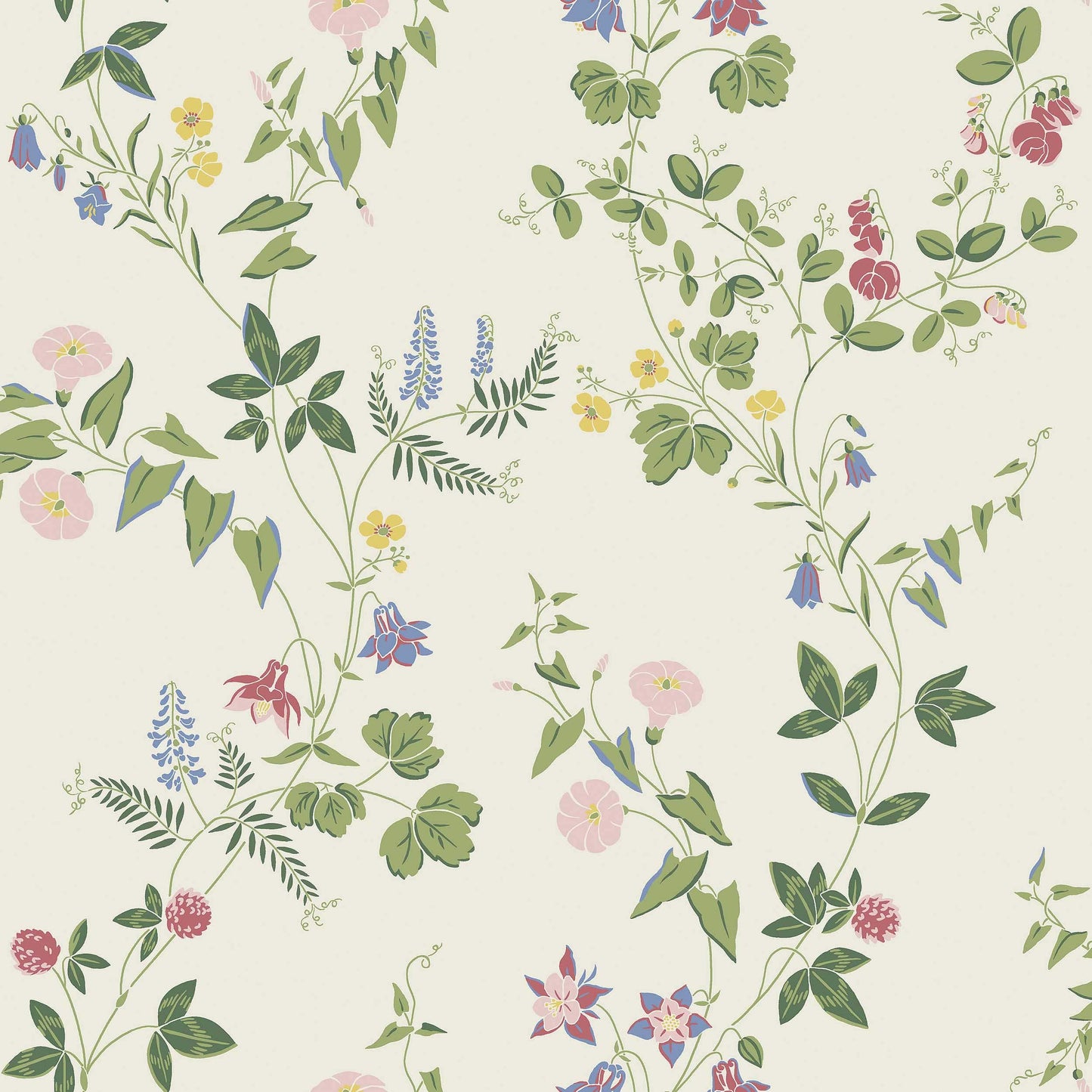 Vibrant colors on a soft creamy white background – Midsummer Eve is a wallpaper inspired by the blooming meadows of Midsummer.