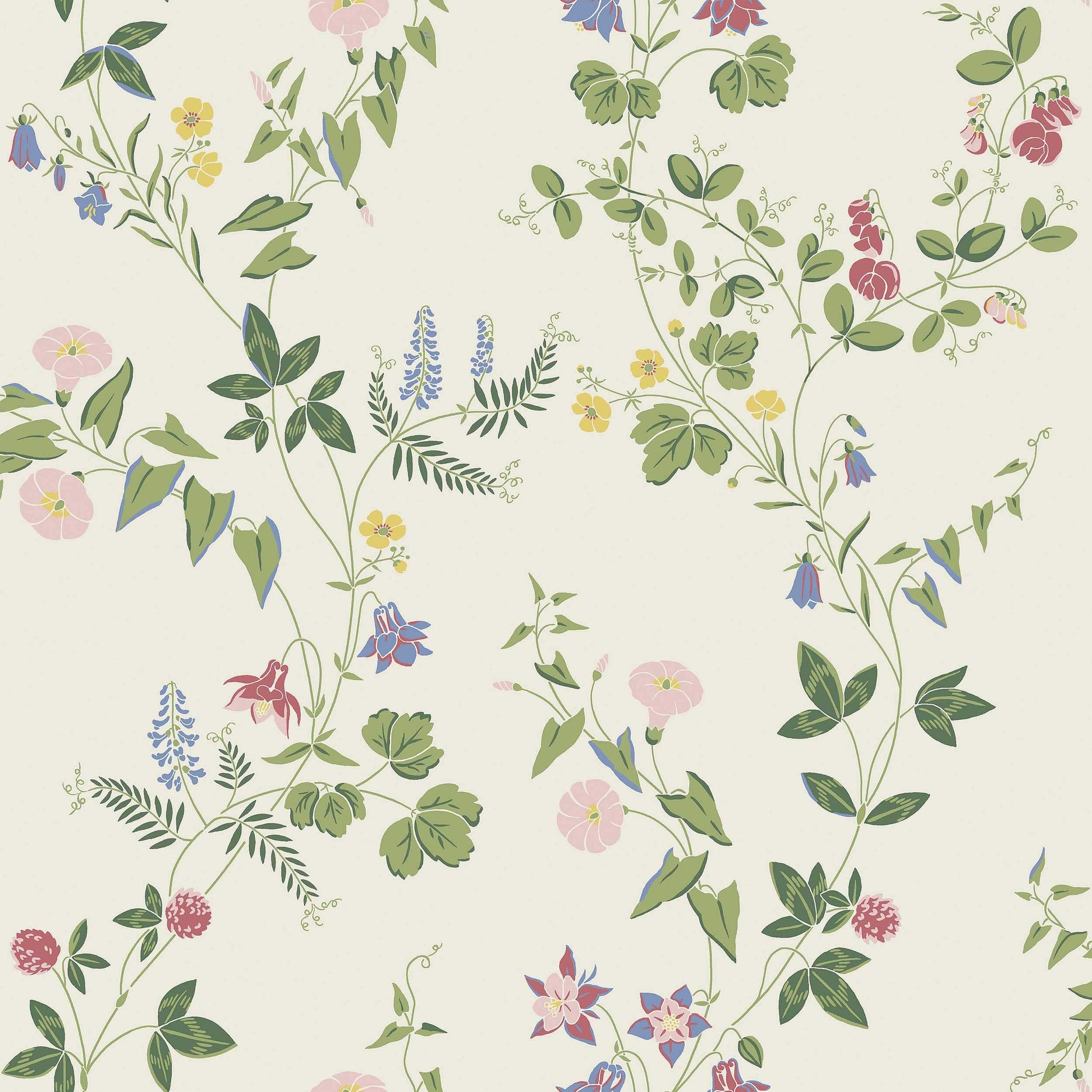 Vibrant colors on a soft creamy white background – Midsummer Eve is a wallpaper inspired by the blooming meadows of Midsummer.