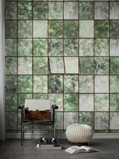 The wallpaper depicts a lovely sunny factory window with a frosted effect