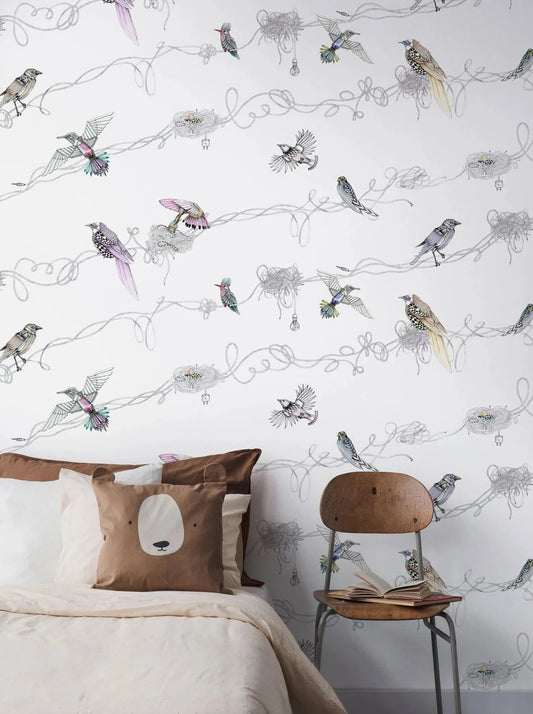 A traditional pattern with a modern twist, our Mechanical Birds wallpaper has a playful pattern with many whimsical details to please discerning eyes. 