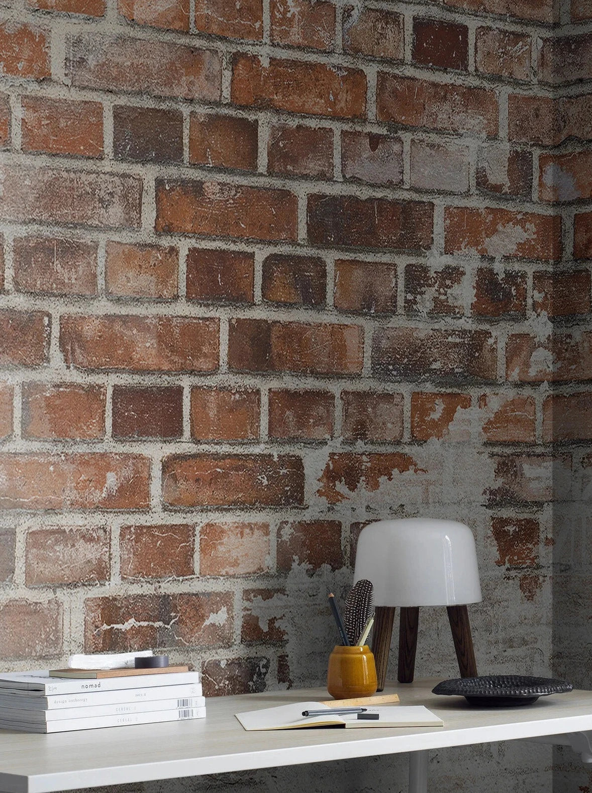 Weathered Bricks wallpaper makes a striking and stylish addition to on-trend interiors. 