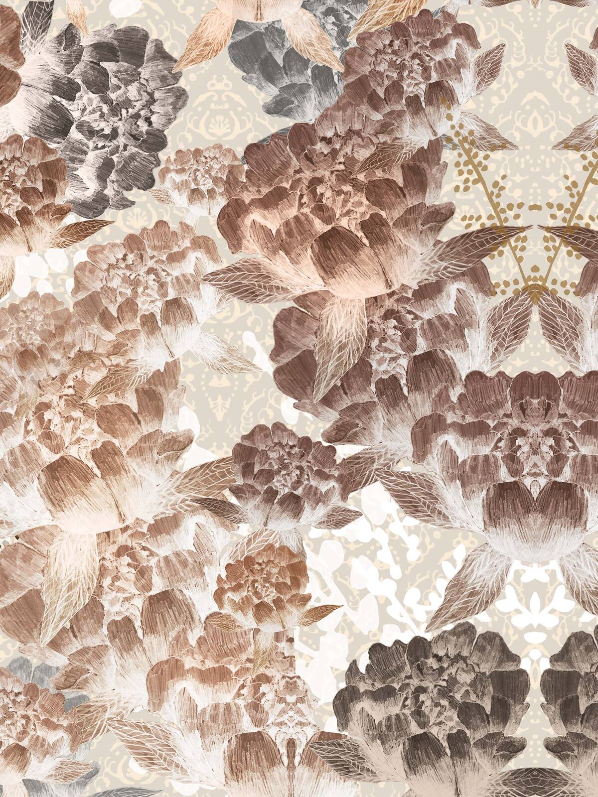 Our Perennial Radiance wallpaper has a dense, stylized pattern