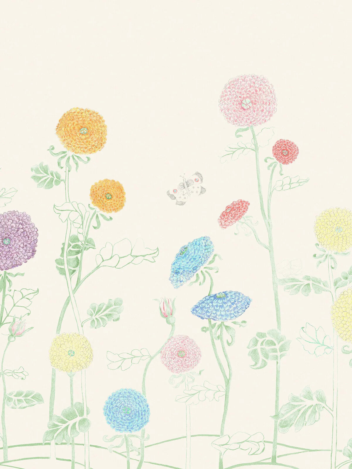 Painted against a warm beige-white backdrop, our Summer Aster wallpaper unveils a majestic ambience of soft pastels. 