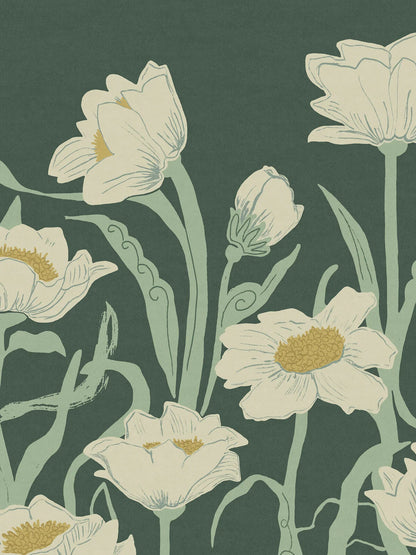 Painted against a backdrop of calming and subdued forest green, Buttercup wallpaper offers a large-scale design with a modern feel. 
