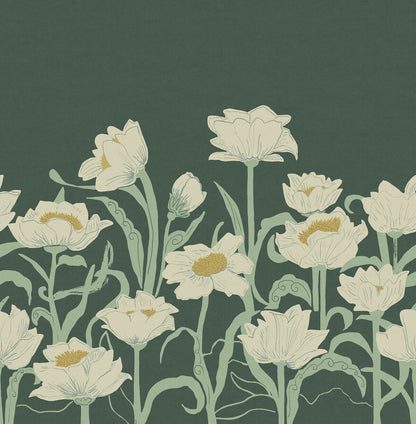 Painted against a backdrop of calming and subdued forest green, Buttercup wallpaper offers a large-scale design with a modern feel. 