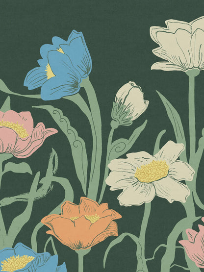 Set against a background of rich muted green, Astrid Wilson’s hand-painted Buttercup pattern showcases a large-scale design with a modern feel.