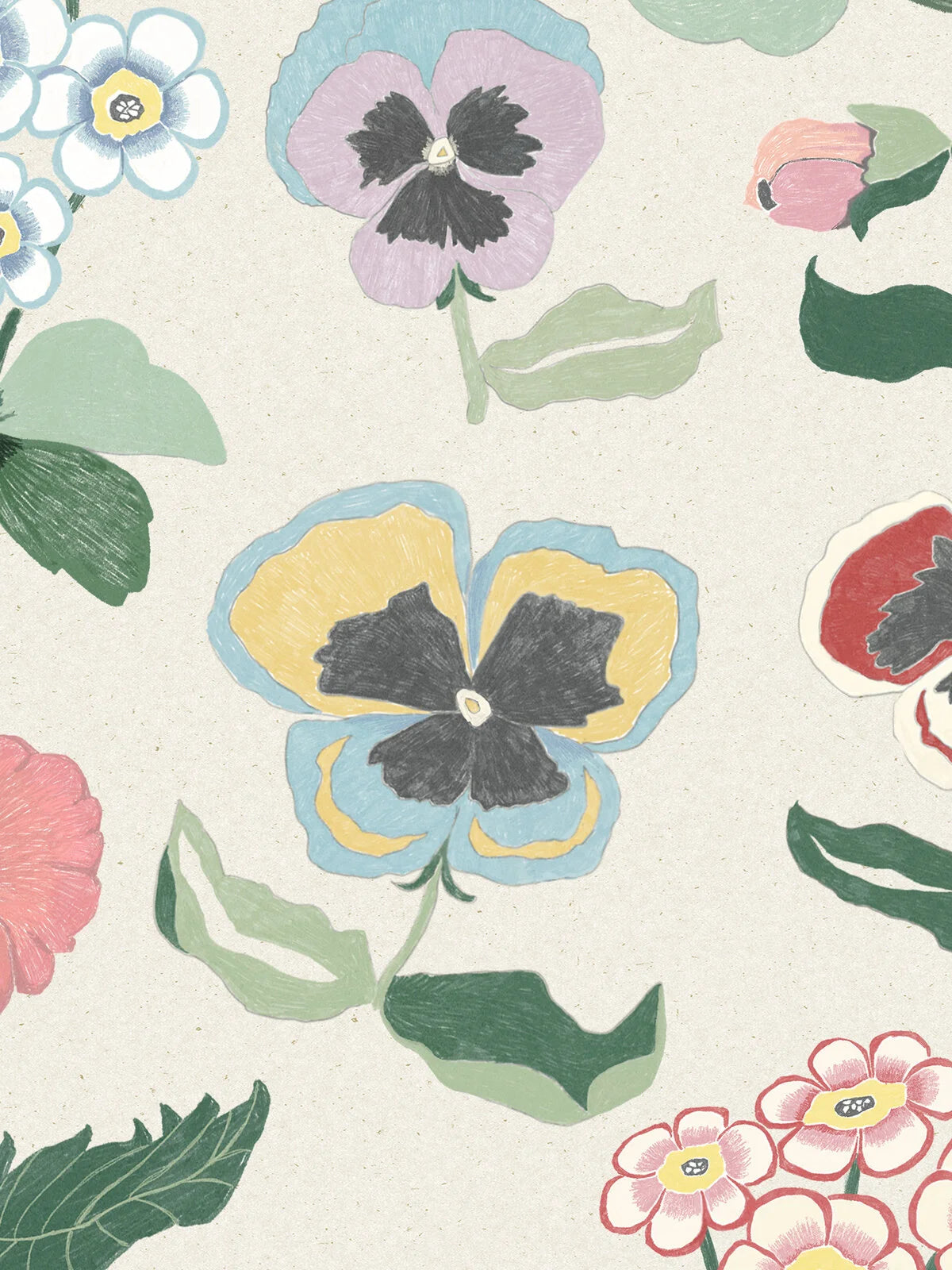 Set on a light beige background, Posy wallpaper’s hand-painted and dainty pattern gives spring bouquet vibes and imparts a playful, warm, and cheerful atmosphere to rooms.