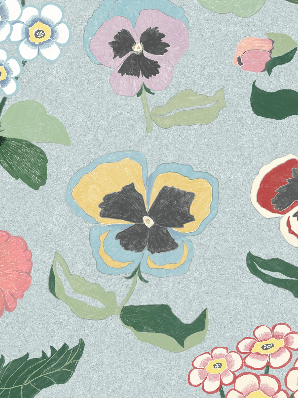 Set against a gentle grey-blue backdrop, Posy wallpaper imparts a cheerful atmosphere to rooms with its detailed and colorful floral design.