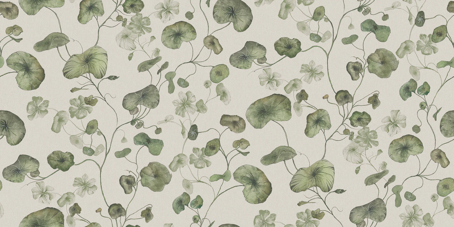 My Feldt's floral wallpaper, Grönska, is covered with green, winding nasturtium. 