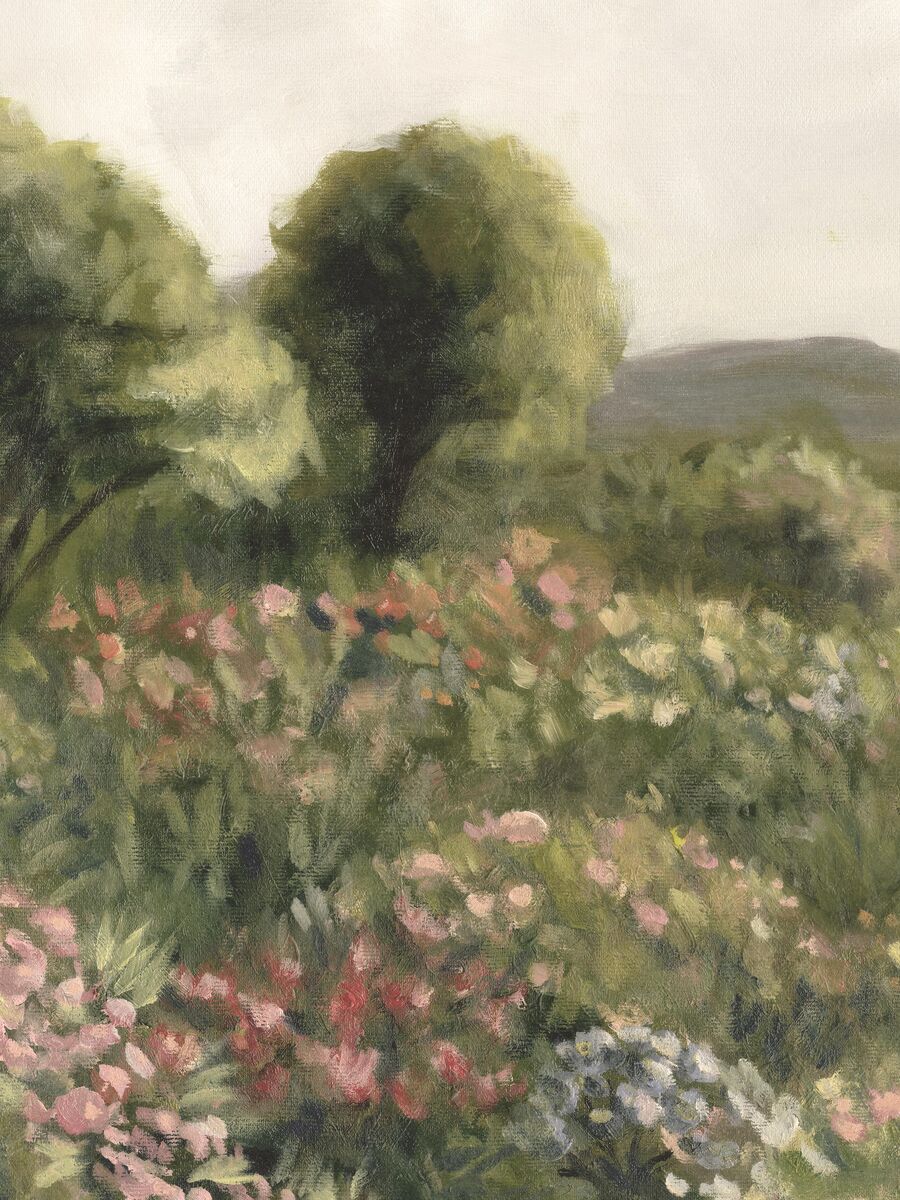The wallpaper Agnes Meadow is like a giant oil painting where the blooming meadow transitions into green trees and then fades into rolling hills far beneath the bright clouds.