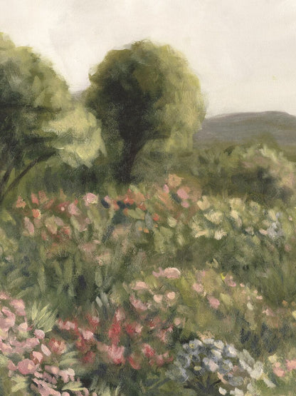 The wallpaper Agnes Meadow is like a giant oil painting where the blooming meadow transitions into green trees and then fades into rolling hills far beneath the bright clouds.