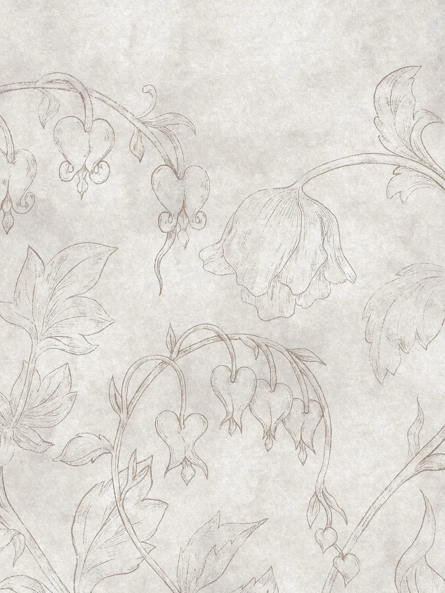 The light gray-beige wallpaper Burning Heart is adorned with delicate bleeding hearts and bellflowers on a discreetly marbled background. 