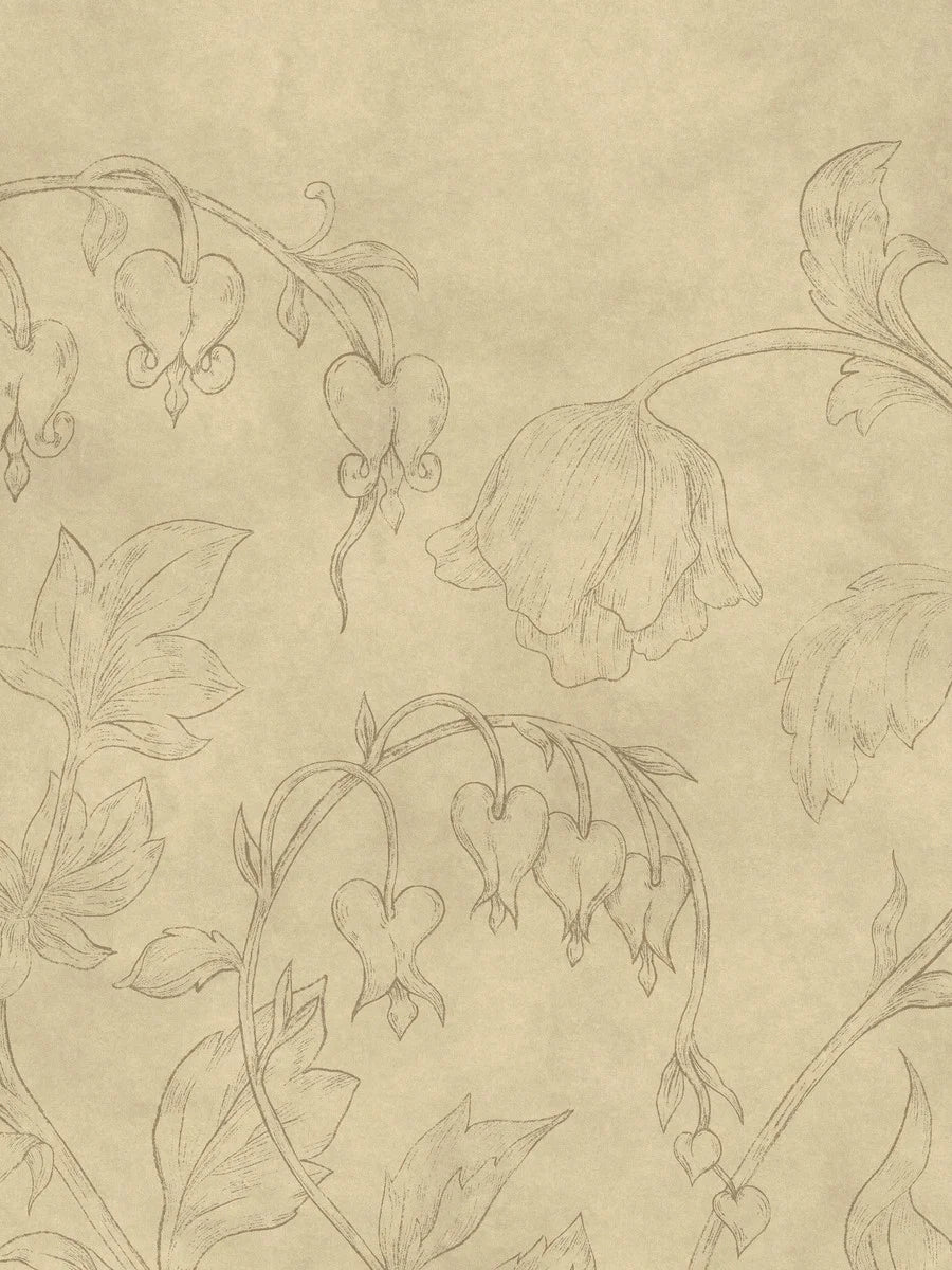 Burning Heart is a warm and soothing mural wallpaper with delicate flowers stretching towards the ceiling. Delicate bleeding hearts and bellflowers drawn in pencil gray on a muted yellow background, discreetly marbled with beautiful patina.