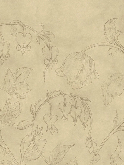 Burning Heart is a warm and soothing mural wallpaper with delicate flowers stretching towards the ceiling. Delicate bleeding hearts and bellflowers drawn in pencil gray on a muted yellow background, discreetly marbled with beautiful patina.