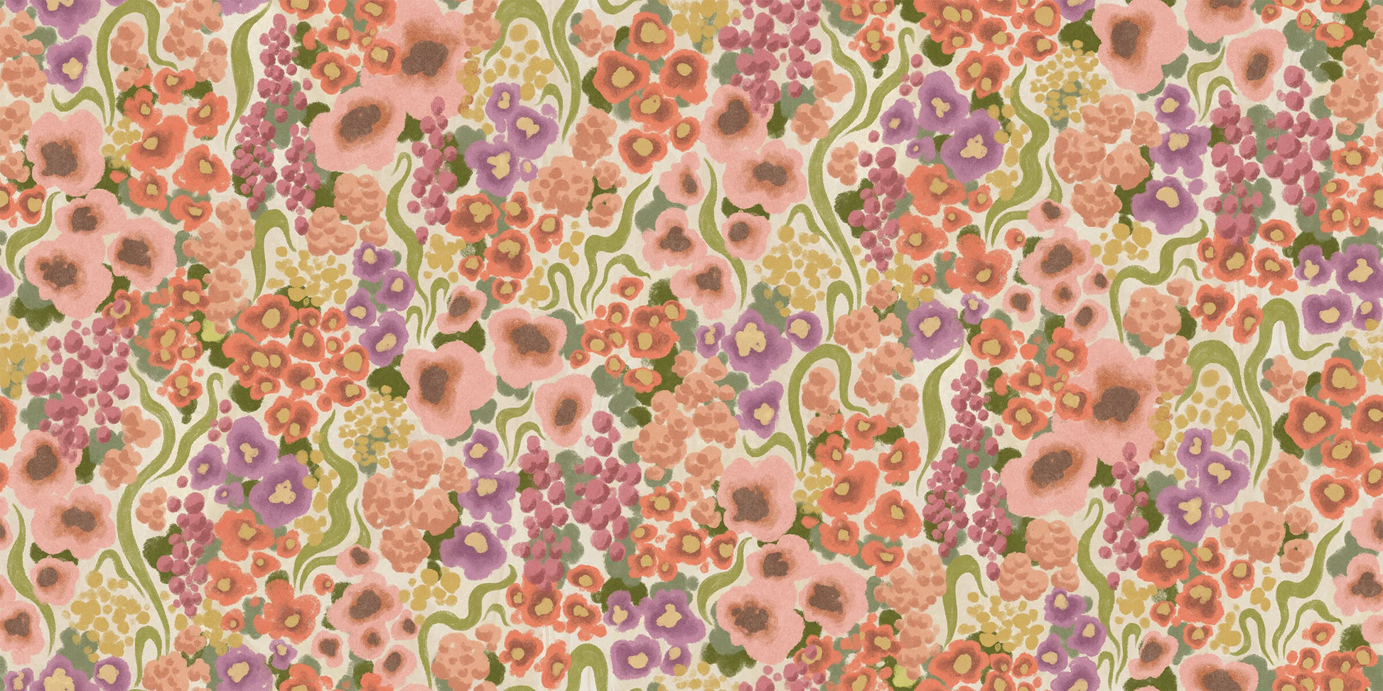 Colorful Flower is a modern floral wallpaper adorned with stylized flowers and leaves, much like a dense, thriving flowerbed at the peak of summer bloom. 