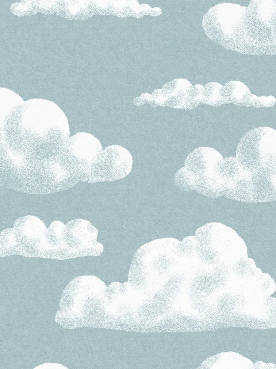 On the children's wallpaper In the Clouds, soft, fluffy clouds drift gently across a light blue-gray sky.
