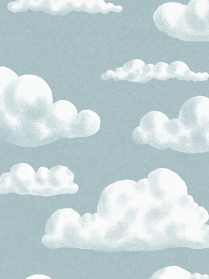 On the children's wallpaper In the Clouds, soft, fluffy clouds drift gently across a light blue-gray sky.