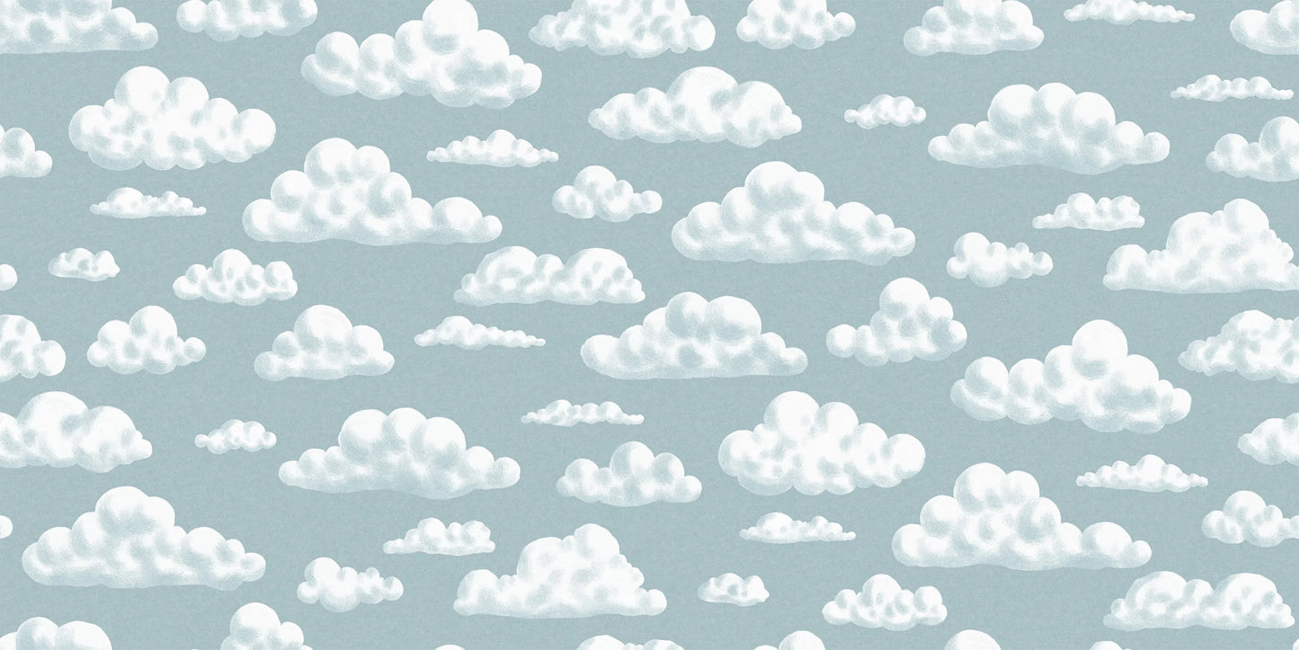 On the children's wallpaper In the Clouds, soft, fluffy clouds drift gently across a light blue-gray sky.
