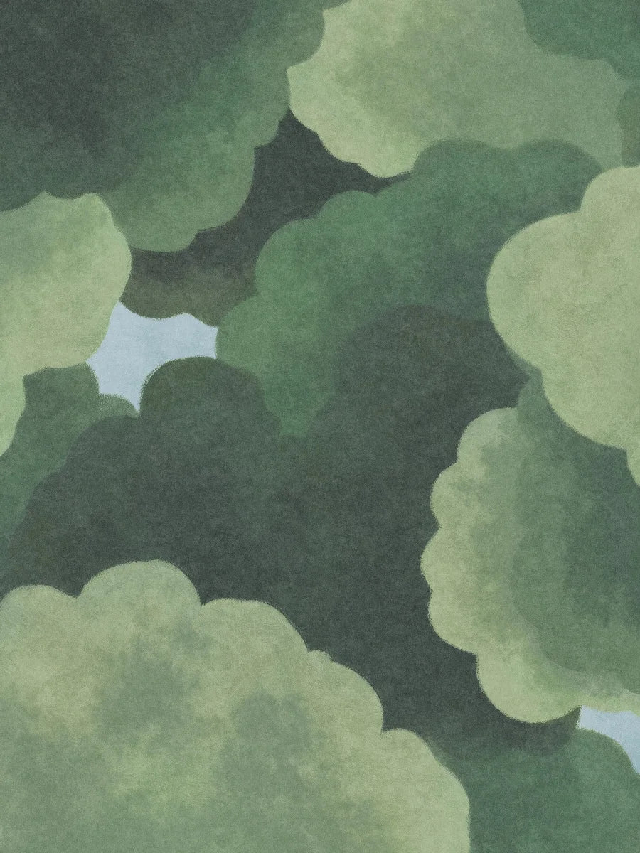 The children's wallpaper Under the Trees offers a new perspective – as if you're lying on your back, dreaming in the shade of rustling, green treetops with glimpses of clear blue sky.
