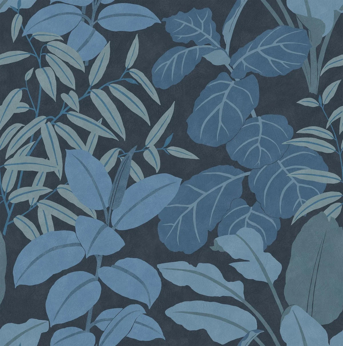 Grand Leaves is a lush, graphic wallpaper full of beautiful depth. The large-scale design features layer upon layer of stylized leaves in soothing blue tones, stretching from floor to ceiling.