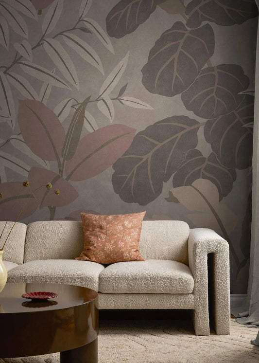 Grand Leaves wraps your space in greenery from floor to ceiling. This bold, graphic mural is composed of exotic plants layered upon each other.
