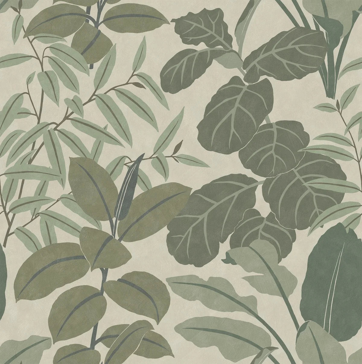 This light, lush version of Grand Leaves mural wallpaper fills the entire wall with fresh green vibrancy. 