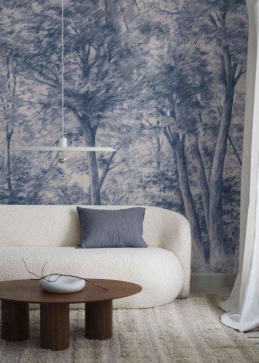 Sketch of Trees wallpaper mural captures a forest scene paused in perfect stillness – and yet it breathes movement, like a whisper of wind caught in time.