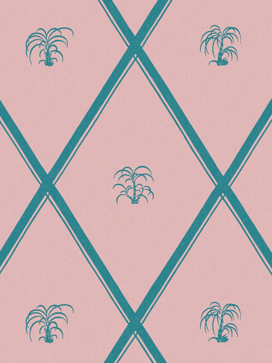 Designed by the ornamental genius Dagobert Peche in around 1914, this Medina wallpaper combines exotic palm motifs and strict geometric forms, evoking the allure of the Middle East. 